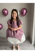 Mor Mat Saten Eteği Beyaz Gül Motifli Özel Tasarım Kız Çocuk Abiye Doğum Günü Elbisesi +Toka - Image 3