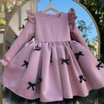 Siyah Fiyonklu Kız Çocuk Pudra Pembe Kışlık Abiye + Toka