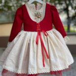 Kırmızı Yeleği Bağcıklı Keten Bebek Vintage Elbise ve Bandana