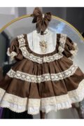 Kahverengi Vintage Güpürlü Prenses Elbise + Toka