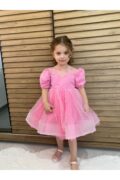 Pembe İnci Tül Kalp Yaka Kız Çocuk Abiye Elbise+ Toka - Image 3