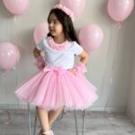 Kız Çocuk Pembe Çiçekli Prenses Tütü Etek, Taç, Bileklik, Tişört Doğum Günü Kombini 5'li Set