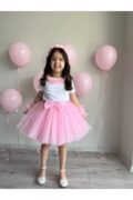 Kız Çocuk Pembe Çiçekli Prenses Tütü Etek, Taç, Bileklik, Tişört Doğum Günü Kombini 5'li Set - Image 4