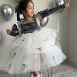 Gri Fiyonk Detaylı Kız Çocuk Çıkarılabilir Kollu Kabarık Tütü Doğum Günü Konsept Abiye Elbise