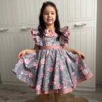 Pembe Gül Baskılı Özel Tasarım Gri Pamuk Kumaş Çocuk Merasim Elbisesi