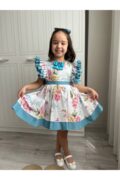 Kız Çocuk Fırfır Detaylı Mavi Çiçekli Özel Gün Prenses Elbisesi + Toka