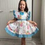 Kız Çocuk Fırfır Detaylı Mavi Çiçekli Özel Gün Prenses Elbisesi + Toka