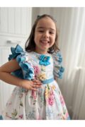 Kız Çocuk Fırfır Detaylı Mavi Çiçekli Özel Gün Prenses Elbisesi + Toka - Image 2