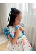 Kız Çocuk Fırfır Detaylı Mavi Çiçekli Özel Gün Prenses Elbisesi + Toka - Image 5