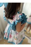Kız Çocuk Fırfır Detaylı Mavi Çiçekli Özel Gün Prenses Elbisesi + Toka - Image 6