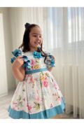 Kız Çocuk Fırfır Detaylı Mavi Çiçekli Özel Gün Prenses Elbisesi + Toka - Image 7