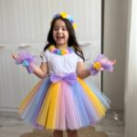 Çiçekli Kız Çocuk Unicorn Doğum Günü Kostüm Konsepti, Bilekik, Taç, Tişört, Etek 5 Parça Tütü Set