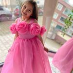 Pembe Kız Çocuk 3D Gül Yakalı Uzun Abiye Prenses Mezuniyet Elbisesi