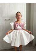 Kız Çocuk Saten Kırık Beyaz Fiyonk Model Prenses Düğün Abiye Elbisesi - Görsel 2