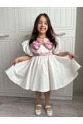 Kız Çocuk Saten Kırık Beyaz Fiyonk Model Prenses Düğün Abiye Elbisesi - Görsel 4