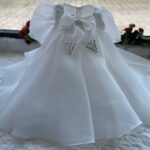 Kız Çocuk Kırık Beyaz Fiyonk Yaka Doğum Günü Elbisesi, Işıltılı VIP Parti Abiye Elbise + Toka