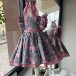 Kız Çocuk Prenses Balerin Model Elbise, Gri Pudra Gül Baskılı Doğum Günü Tasarım Abiye Elbise + Toka