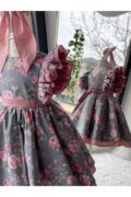 Kız Çocuk Prenses Balerin Model Elbise, Gri Pudra Gül Baskılı Doğum Günü Tasarım Abiye Elbise + Toka - Görsel 4