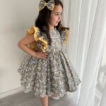 Kız Çocuk Sarı Çiçekli Omzu Kabarık Prenses Özel Tasarım Elbisesi(%100 pamuk) +  Toka