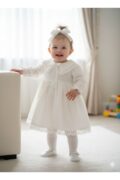 Kız Bebek Beyaz Ham Keten Güpürlü Mevlüt Doğum Günü Elbisesi + Toka - Görsel 2