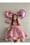 Kız Çocuk Pudra Pembe Sıvama Boncuk Tül Doğum Günü Parti Elbisesi, Bebek Düğün Abiyesi + Toka - Görsel 3