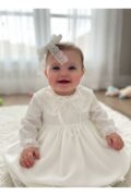 Kız Bebek Beyaz Ham Keten Güpürlü Mevlüt Doğum Günü Elbisesi + Toka - Görsel 3
