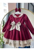 Kız Çocuk Bordo Kumaş Doğum Günü Prenses Elbise, Vintage  Antialerjik  Şık Kabarık Abiye + Toka - Görsel 3