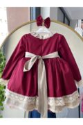 Kız Çocuk Bordo Kumaş Doğum Günü Prenses Elbise, Vintage  Antialerjik  Şık Kabarık Abiye + Toka - Görsel 4