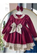 Kız Çocuk Bordo Kumaş Doğum Günü Prenses Elbise, Vintage  Antialerjik  Şık Kabarık Abiye + Toka - Görsel 5