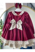 Kız Çocuk Bordo Kumaş Doğum Günü Prenses Elbise, Vintage  Antialerjik  Şık Kabarık Abiye + Toka - Görsel 7