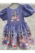 Lila Minnie Mouse Desenli Kız Çocuk Balon Kol Doğum Günü Prenses Elbise - Görsel 4
