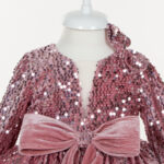 Pembe Pullu Kadife Uzun Kol Abiye Elbise