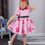 Pembe Minie Mouse Baskılı Doğum Günü Çocuk Elbisesi