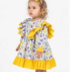 Kız Çocuk Keten Kumaş Mor Lale Desenli Uzun Kol Organik Elbise