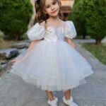 Prenses Kabarık Kız Çocuk Beyaz Gelinlik Abiye Elbise