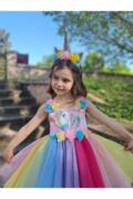 Unicorn Kız Çocuk Çiçekli Abiye Elbise + Taç