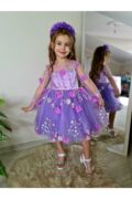 Kız Çocuk Mor Çiçekli Tasarım Parti Elbise Toka