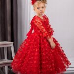 3 Boyutlu Kelebek Detaylı Kız Çocuk Abiye Elbise + Toka