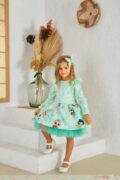 Su Yeşili Karakter Baskılı Toka Dahil Omzu Fırfırlı Kız Çocuk Doğum Günü Özel Gün Elbise Abiye