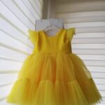 Sarı Kız Çocuk Abiye Elbise Toka Dahil Fiyonk Detaylı Doğum Günü Prenses Elbisesi