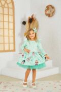 Su Yeşili Karakter Baskılı Toka Dahil Omzu Fırfırlı Kız Çocuk Doğum Günü Özel Gün Elbise Abiye - Görsel 2