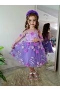 Kız Çocuk Mor Çiçekli Tasarım Parti Elbise Toka - Görsel 6