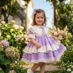 Lila Pamuklu Güpürlü Yaprak Yaka Kız Bebek Elbise + Toka